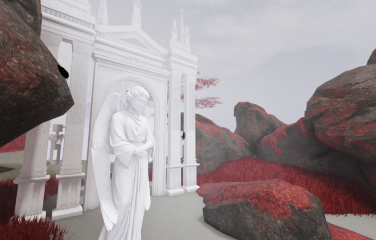 Roblox white temple and red rocks scene